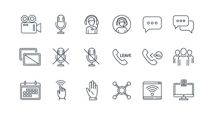 Set of thin line icons for video conferencing, online meetings, and virtual communication, including a video camera, microphones (muted and unmuted), chat bubbles, call and leave icons, a group of