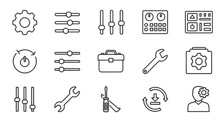 A comprehensive set of outline vector icons representing general settings, including gears, sliders, control panels, a toolbox, wrench, screwdriver, system update symbols, and user preferences, ideal