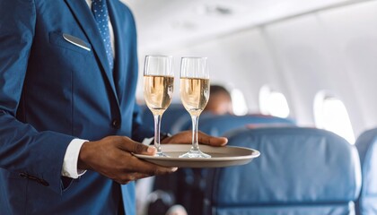 Flight Attendant Serving Refreshing Beverages to Passengers in Economy Class on Airplane Interior