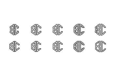 Set of ten unique BC monogram logos in a hexagonal and circular design, featuring serif letterforms and clean line art. This vector illustration collection is perfect for branding, graphic design