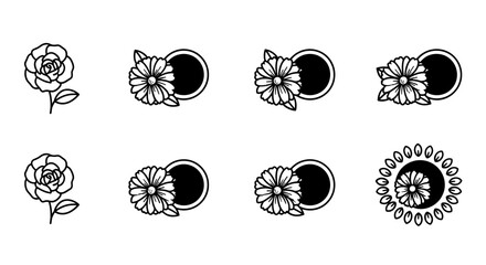 Set of eight stylized floral vector illustrations, featuring a classic rose and a daisy motif, presented in a clean, modern line art style with a white background, ideal for logos and graphic design