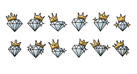 Set of twelve luxury diamond icons with golden crowns, sparkling and shining, presented in a clean, ordered line on a white background, perfect for branding, logos, and digital design elements