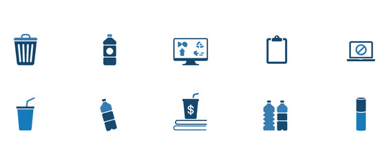 Discover a collection of modern flat icons representing waste management, recycling, digital information, and financial transactions, perfect for business and technology presentations.