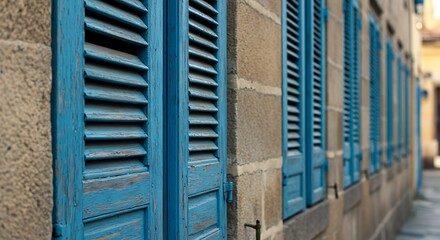 Row of blue window shutters on a stone building facade.