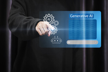 A futuristic concept of an enterprise Artificial Intelligence platform. This system uses machine learning for business automation, data analysis, and powering generative solutions.