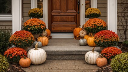Heirloom white, orange, and grey pumpkins accompanied by vibrant mums near an entrance, autumn decor accentuation