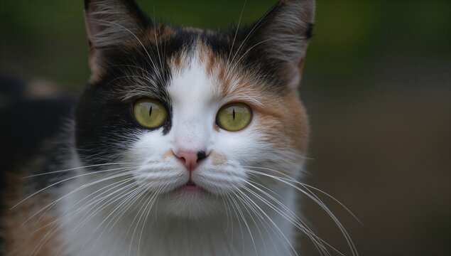 Calico cat with distinctive black, white, and orange fur, highlighting its intricate textures and patterns