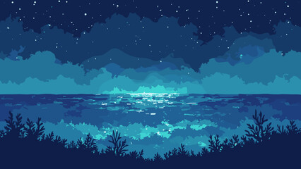 Pulse-reef at night — reef outlines glowing in rhythmic pulses beneath a dark glassy sea, palette: electric blue, mint, jet, no people