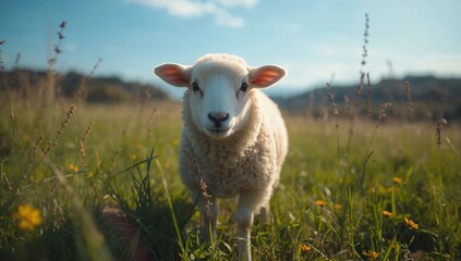A sheep grazing in a sunlit field, highlighting the serene rural atmosphere