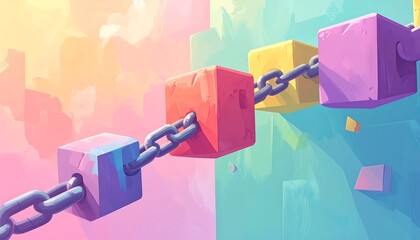 Colorful abstract artwork depicts a chain of connected, cube-shaped blocks in various hues. Soft backgrounds complement the forms