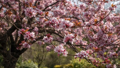Fototapeta premium Aesculus carnea tree with pink blossoms on branches during spring, seasonal change