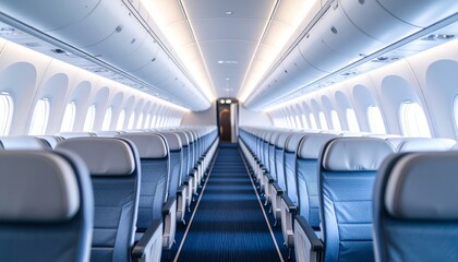 Naklejka premium Calm Aisle Perspective of Airplane Interior with Subtle Depth and High Fidelity Atmosphere
