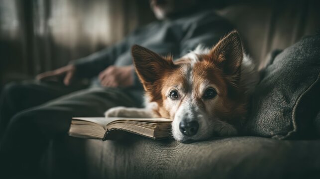 Person and dog on sofa reading together