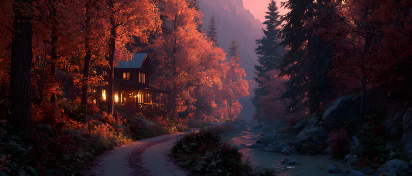 Curved forest road lined with glowing orange autumn trees and cozy cabin lights beside river in misty mountain valley at dusk - Powered by Adobe