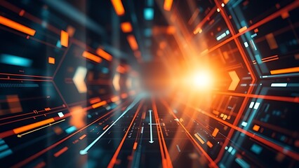 Abstract geometric patterns and light trails in modern tech aesthetic.