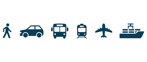Iconic Transportation Options: Walking, Car, Bus, Train, Airplane, and Ship for Travel, Logistics, and Global Connectivity