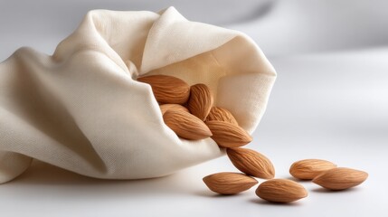 Almonds Spilling from a Soft White Cloth with a Smooth Background for Natural and Healthy Food Imagery