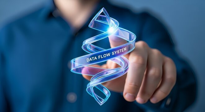 Person pointing at a data flow system spiral with a blue shirt and background blur