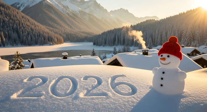 Snowman and 2026 carved in snow with winter mountain landscape - Powered by Adobe