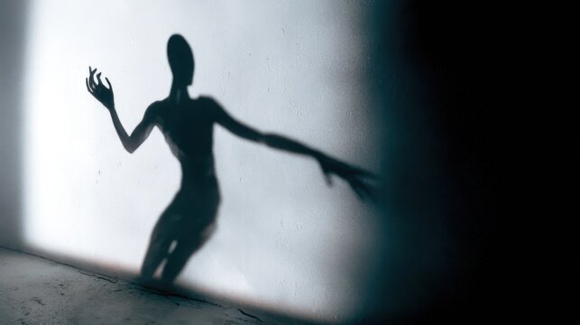 The shadow of a man with a raised hand on the wall. Dramatic lighting creates a mysterious and abstract atmosphere.