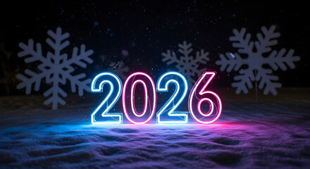 Neon 2026 numbers on snow with snowflakes new year