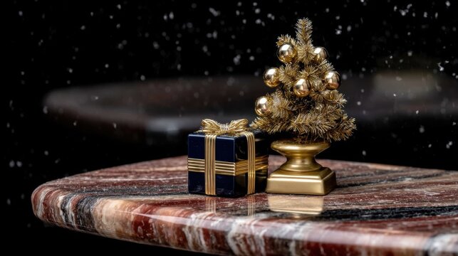 A golden Christmas tree and gift box on a marble surface. An elegant Christmas composition with a dark background and a snowfall effect.