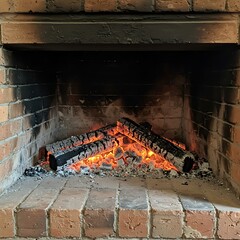 Glowing Embers in a Brick Fireplace.