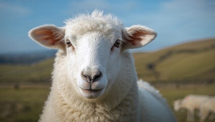 Fototapeta premium Close-up of a white sheep in a farm setting, highlighting the animal's soft fur and gentle demeanor
