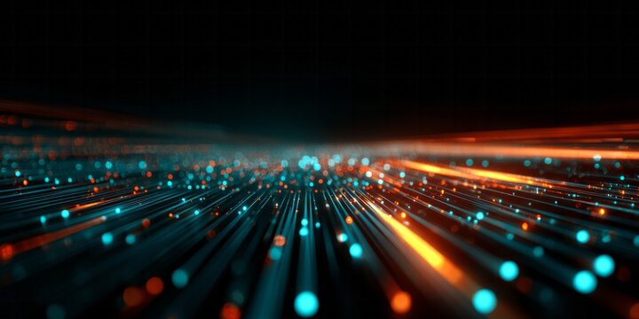 Digital data streams flow rapidly across a dark, abstract technological plane.