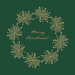 A round frame with gold Christmas snowflakes on a green background. The frame features snowflakes arranged in a circle. Perfect for Christmas cards, posters, and banners.