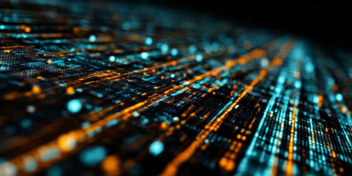 Abstract digital matrix flows with luminous particles receding into the dark background