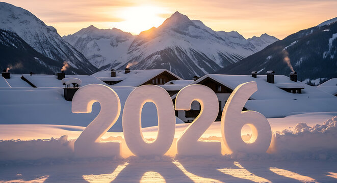 Snow covered village with 2026 numbers in winter sunset