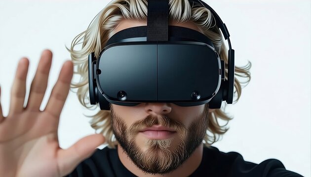 A person with blonde hair and a beard wearing a virtual reality headset, with one hand raised as if interacting with a virtual environment.