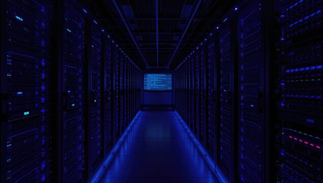 Data center with server racks for network security - 3D visualization in dark blue