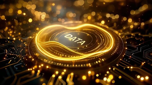 Golden digital data interface with glowing circular design symbolizing big data and information technology