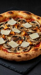 Gourmet mushroom pizza topped with parmesan on rustic stone platter