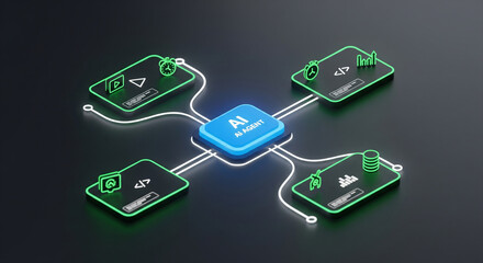 Futuristic 3D visualization of AI agent network showing glowing neural nodes, digital data connections, and advanced artificial intelligence communication system rendered on dark background.
