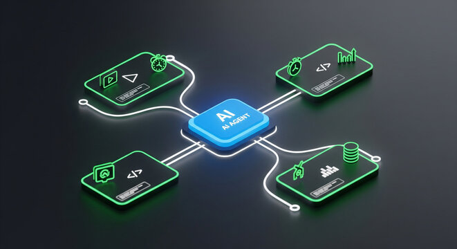 Futuristic 3D visualization of AI agent network showing glowing neural nodes, digital data connections, and advanced artificial intelligence communication system rendered on dark background.
