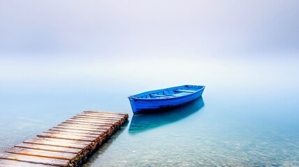 A vibrant blue rowboat is moored to a rustic wooden pier on a tranquil, serene body of water under a soft, hazy sky.