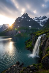 Majestic Waterfall Cascades into Serene Alpine Lake at Sunrise.