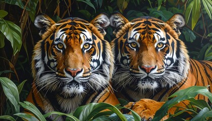 A vibrant painting showcasing a pair of tigers gazing intently forward. Lush green foliage surrounds them, creating a jungle setting