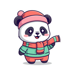 Cartoon panda wearing a hat and scarf, cute and cheerful. © DediGalihWisnumurti