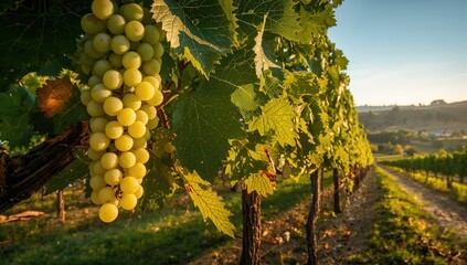 Lush white grapes ripening on the vine in a scenic vineyard at dawn