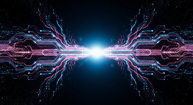 Abstract futuristic representation of artificial intelligence and big data visualization as a glowing neural network with luminous connections and data flow on a dark background. - Powered by Adobe