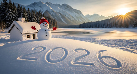 Snowman and 2026 numbers in snowy landscape at sunset