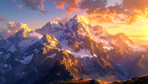 Digital painting of majestic, snow-capped mountains bathed in warm sunset hues. Golden light highlights peaks, casting shadows