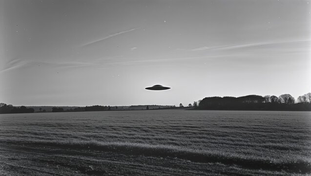 A mysterious UFO hovers over a rural field in a black and white landscape - Powered by Adobe
