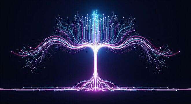 Abstract futuristic representation of artificial intelligence and big data visualization as a glowing neural network with luminous connections and data flow on a dark background. - Powered by Adobe