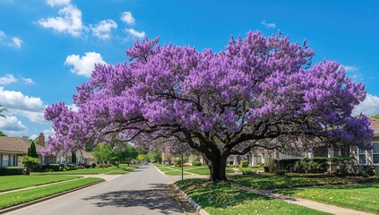 Fototapeta premium A jacaranda tree in full bloom with bright purple flowers providing shade over a tranquil suburban road beneath a clear blue sky, seasonal change