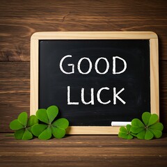 Good Luck Blackboard with Clovers on Wooden Background.